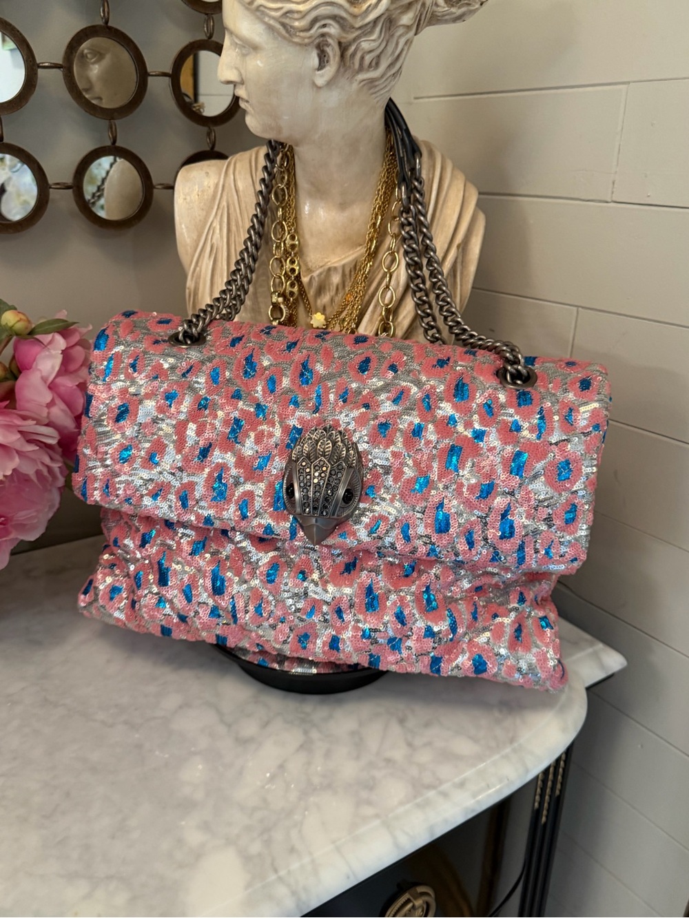 Kurt Geiger NWOT Showstopper Pink Leopard Print Shoulder Bag Silver Hardware